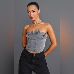 NWT PrettyLittleThing Grey Denim Button Detail Corset Top Cotton Blend Size 0P
